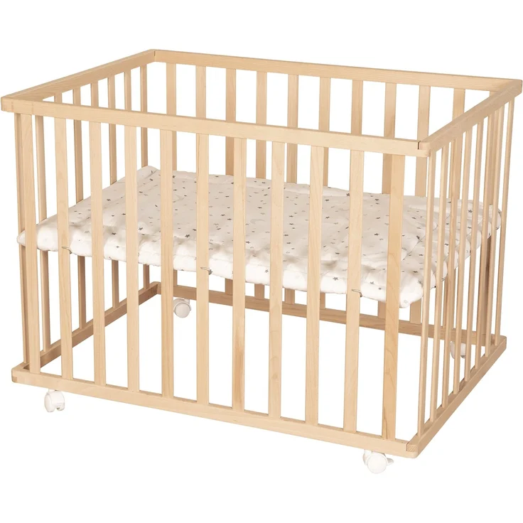 roba Laufgitter 75 x 100 cm mit Laufgittereinlage 'Sternenzauber grau' - Spielgitter inkl. Schutzeinlage und Rollen - Höhenverstellbar & Mobil - Holz natur – Bild 1