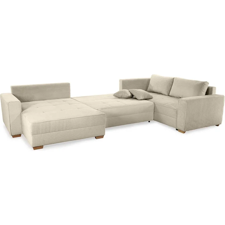 Wohnlandschaft U-Form Sofa Schlaffunktion Couch Bettkasten Cord in Grau Beige – Bild 7