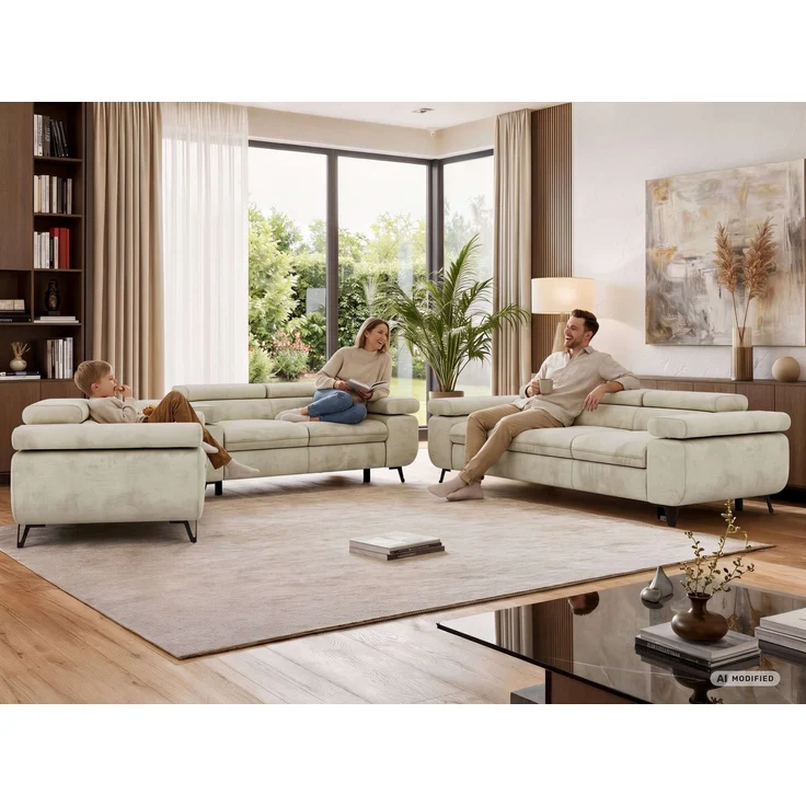 Sofagarnitur PETER 1-2-3 mit Schlaffunktion, verstellbare Kopfstützen, verstellbare Armlehnen, freistehend, Wellenfederung, Polstermöbel-Set, 3-teilig, Couchgarnitur - Beige Cord – Bild 3