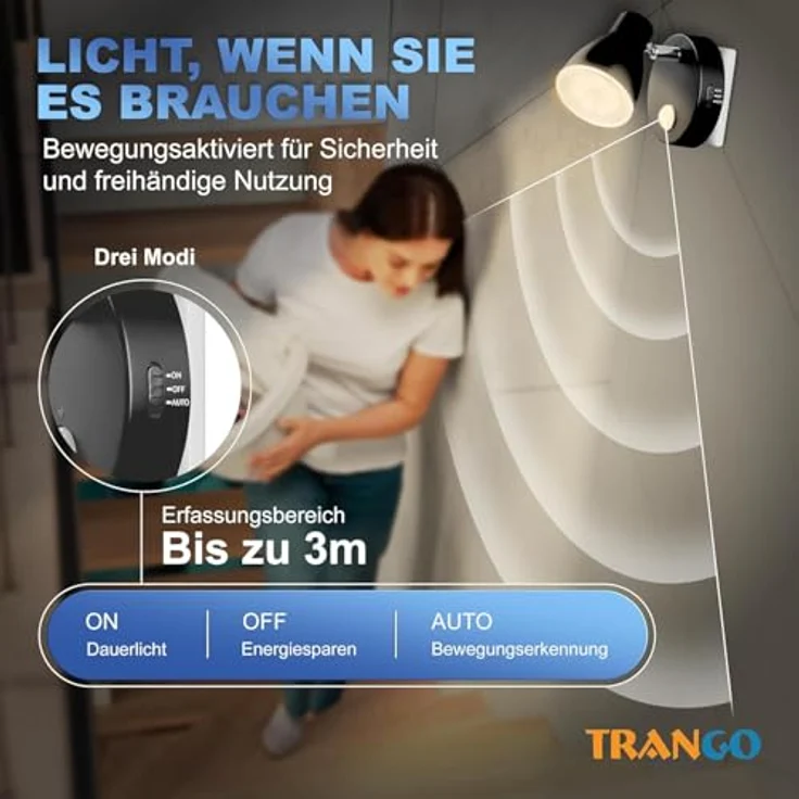 TRANGO LED Nachtlicht, 2635-015 LED Sensor Nachtlicht *MILO* mit Bewegungssensor & Automatikfunktion in Schwarz Sicherheitslicht direkt 230V, Steckdose Lampe, Wandlampe, Orientierungslicht, Nachtlampe, Steckdosenlicht – Bild 9