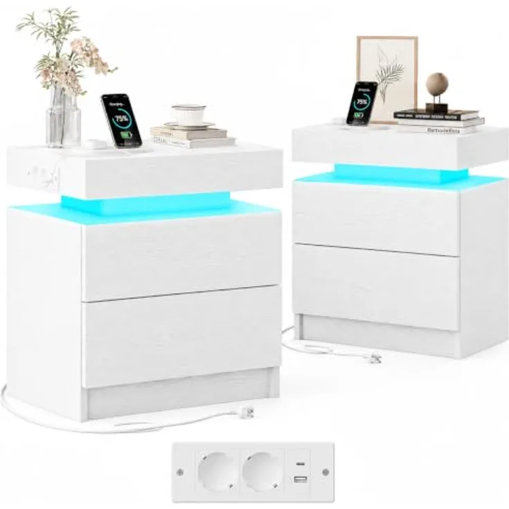 IRONCK Nachttisch 2er Set mit LED & Steckdose, Weiß | Nachtkonsole 48x35x60 cm mit USB-Anschluss, 2 Schubladen Modernes Design für Schlafzimmer, Wohnzimmer