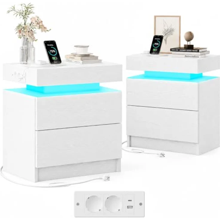 IRONCK Nachttisch 2er Set mit LED & Steckdose, Weiß | Nachtkonsole 48x35x60 cm mit USB-Anschluss, 2 Schubladen Modernes Design für Schlafzimmer, Wohnzimmer – Bild 1