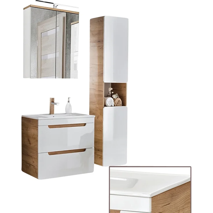 Badezimmer Waschplatz Set inkl. 61 cm Keramikwaschtisch LUTON-56 Hochglanz weiß mit Wotan Eiche Nb, B/H/T ca. 110/200/46 cm – Bild 9