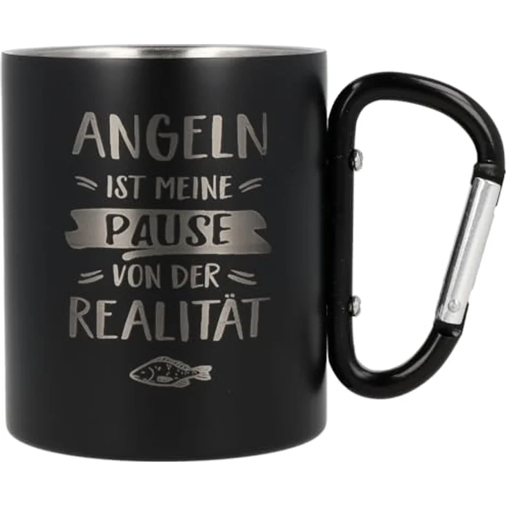 Spruchreif® Tasse Doppelwandige Edelstahltasse mit Karabinerhaken, Anglergeschenk – Bild 1