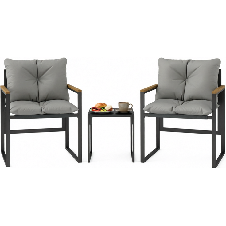 Gartenmöbel-Set mit 2 Sesseln 64 x 62 x 68 cm und Tisch 40 x 40 x 40 cm – Glasplatte, Schwarz und Grau – Bild 6