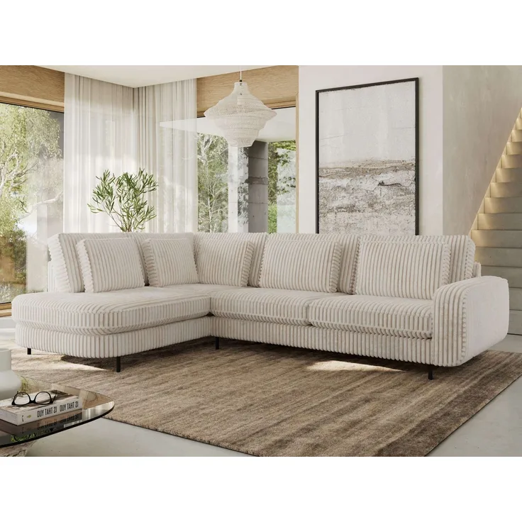 CALENO L-Form Ecksofa 317x225 cm, Massivholz-Rahmen & Wellenfedern, Sitzhöhe 51 cm, modernes Polstersofa rückenecht bezogen & freistehend - Beige Cord - Links Seite