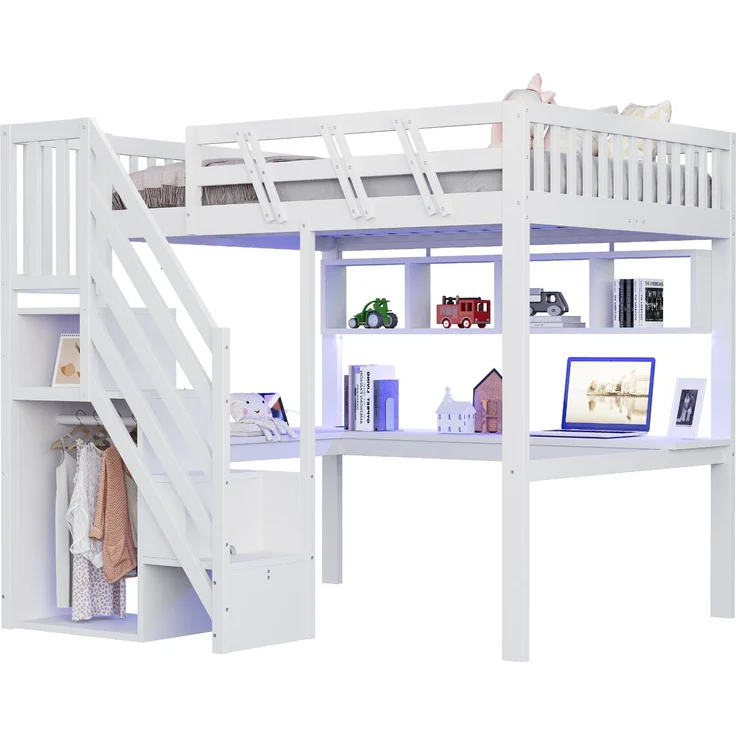 Rayofly-Massivholz Kinder Hochbett 140x200 cm, Stauraumtreppe, Schreibtisch, USB-Steckdose, LED-Licht, Jugend- und Einzelbett, H 140cm x T 200cm x B 140cm, Weiß – Bild 8