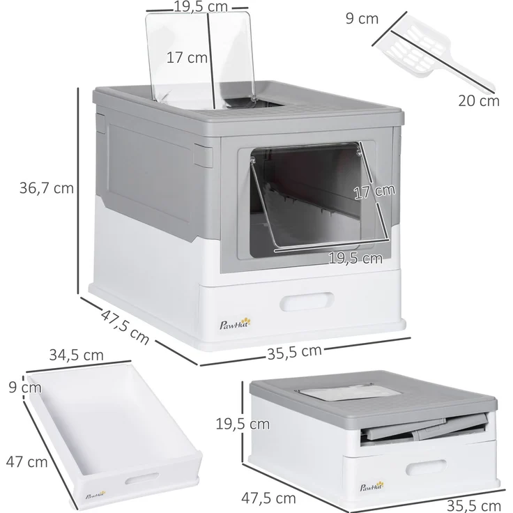 Katzentoilette 47,5 x 35,5 x 36,7 cm mit Deckel, Bodenschale und Streuschaufel – Weiß – Bild 2