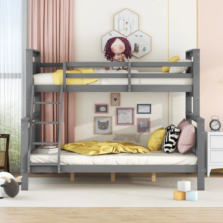 Etagenbett Kinderbett 90x200 / 140x200 cm umbaubar in 2 Einzelbetten, Hochbett mit Leiter und Sicherheitsgeländer,Grau – Bild 2
