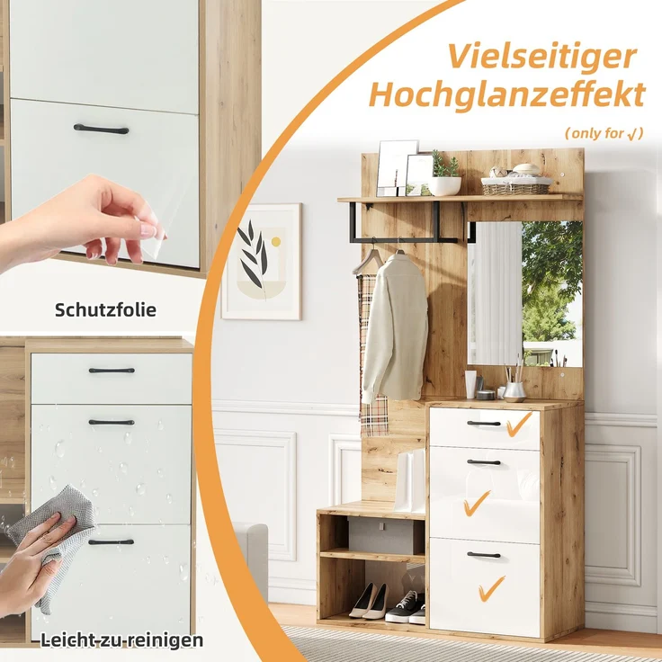 Faumrta 100*38.5*190cm Garderoben-Set mit Spiegel, Schuhbank, Schuhschrank, Flurschrank, Hängeschrankregal, Kompaktgarderobe, Mit 1 Schublade und 2 Schränken, viel Stauraum, Weiß + Original Holzfarbe100CM*38.5CM*190CMNaturalSpanplatte – Bild 10