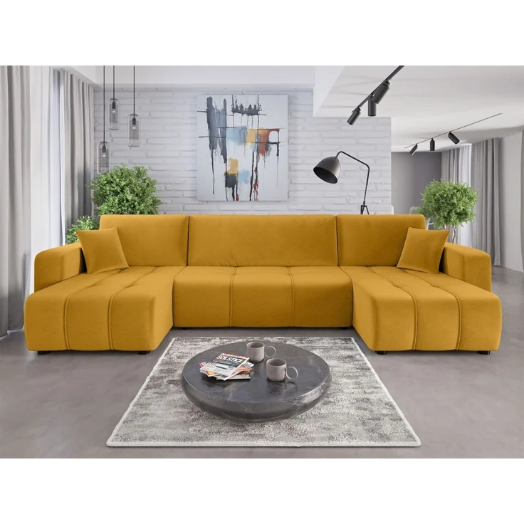 Wohnlandschaft mit Schlaffunktion DAGNY Sofa U-Form in Stoff Kronos Senfgelb – Bild 1