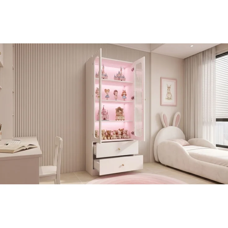 ZUBALIYA Glasvitrine, Küchenschrank, Aktenschrank, Sammelfiguren-Vitrine, 4 Ebenen Spielzeugschrank mit 2 Schubladen, LED-Leiste mit RGB-Farbwechsel per App steuerbar, goldene Metallgriffe, weiß, 60x35x170 cm – Bild 25
