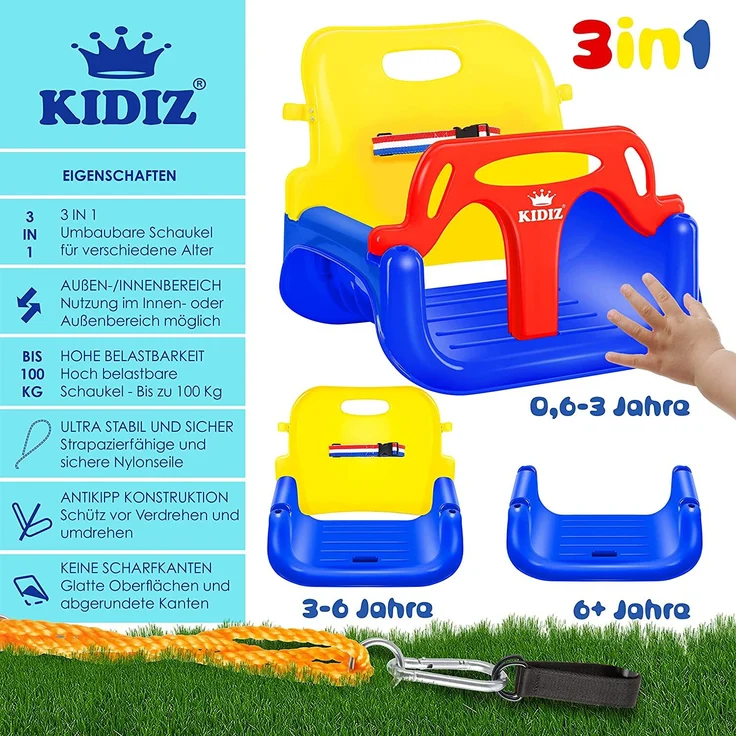 KIDIZ® Babyschaukel Kinderschaukel 3 in 1 Babysitz verstellbar Mitwachsend Schaukelsitz Gartenschaukel für Baby Kinder mit Rückenlehne und Anschnallgurt belastbar bis 100kg Indoor Outdoor Gelb – Bild 2