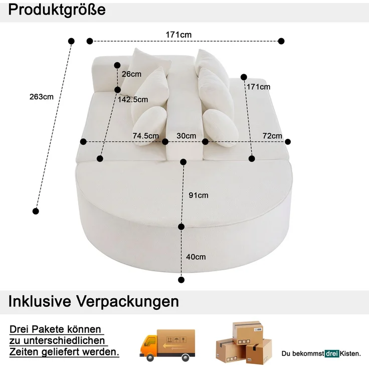 ZUBALIYA Modulares Sofa mit Chenille - Bezug, mit breiten Armlehnen, modular aufgebaut, mit Schaumstoffpolsterung – Bild 6