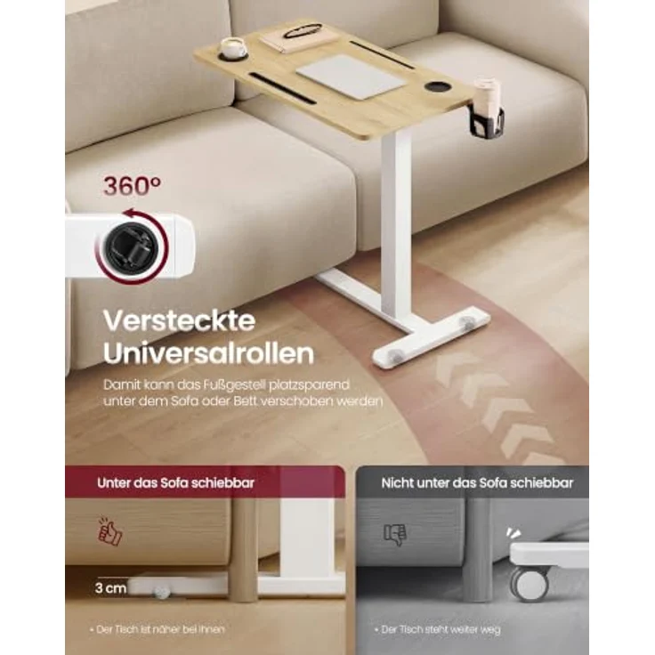 VASAGLE Beistelltisch mit Rollen, mobiler Stehtisch, 70x40 cm große Tischplatte, verstellbare Höhe, 2 Getränkehalter, Schlitz für Handy oder Tablet, goldeichenfarben LSD600YA01 – Bild 5