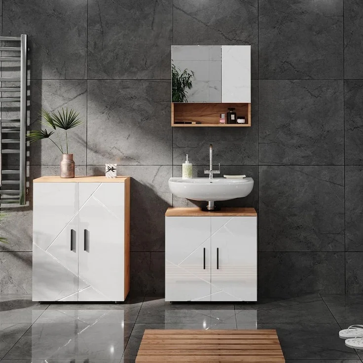 Badmöbel-Set Irma Weiß Hochglanz/Goldkraft Eiche 3-teilig Vicco – Bild 4