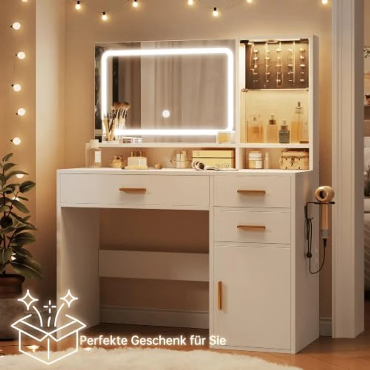 IRONCK Schminktisch mit LED-Spiegel, 3 Lichtfarben & dimmbarer Beleuchtung | Schminktisch mit Glasvitrinen, Schubladen, Schrankfächer, Föhnhalter, offenen Ablagen, Ladestation( 2AC+ USB-A + USB-C), Weiß – Bild 8