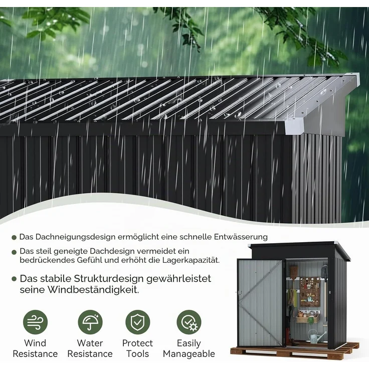 Aoxun Gerätehaus Metall 150x91x185cm, Geräteschuppen, Pultdach mit Belüftungslöcher Abschließbarer Tür für Outdoor Garten Schuppen,Schwarz – Bild 5