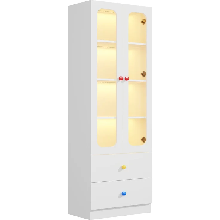 ZUBALIYA Glasvitrine, Aktenschrank, Sammelfiguren-Vitrine, 4 Ebenen Spielzeugschrank mit 2 Schubladen, RGB-LED-Beleuchtung per App steuerbar, Kindermöbel, bunte kugelförmige Keramikgriffe, weiß, 60x35x170 cm – Bild 11