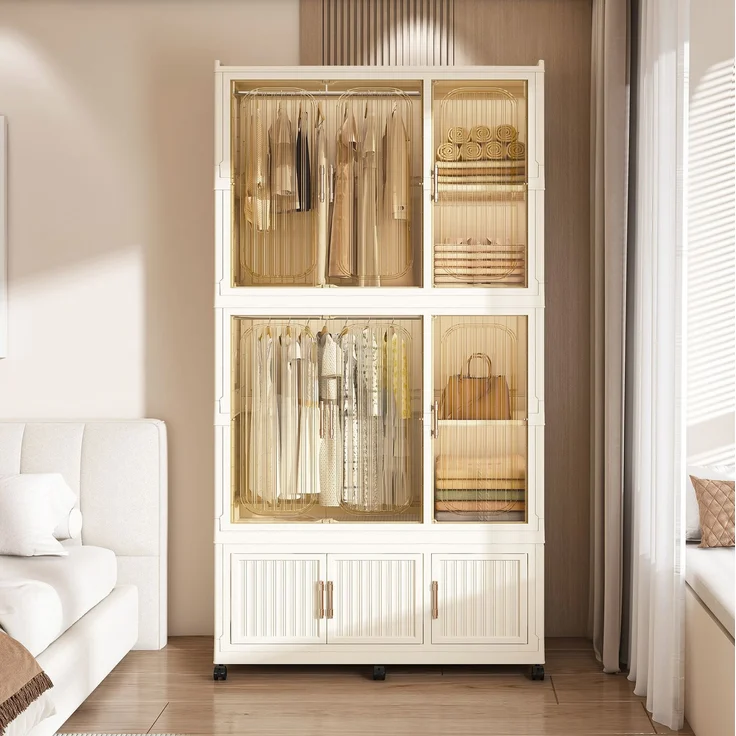 Kleiderschrank aus Kunststoff mit 9 Magnettüren und Rollen, faltbar, 92×45×196 cm, cremeweiß – Bild 2