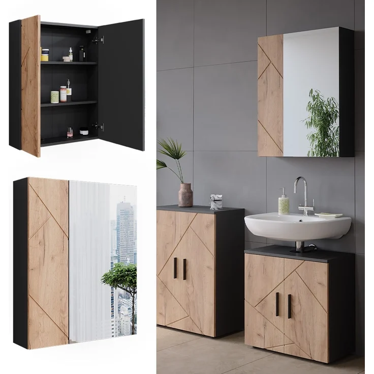 Badspiegelschrank Irma Anthrazit/Goldkraft Eiche 60 x 75 cm Vicco – Bild 2