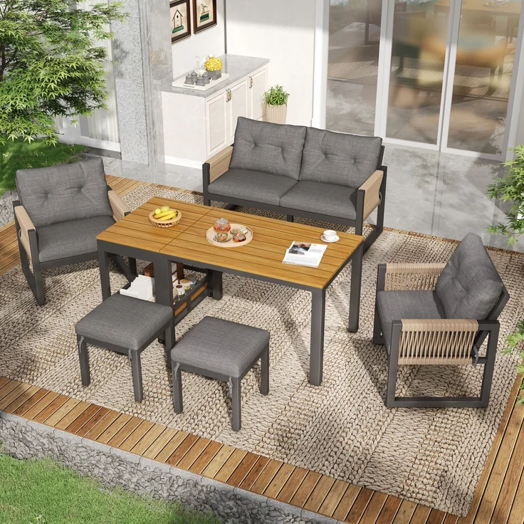 LVHOM 7-tlg. Gartenmöbel-Set, Lounge-Set für 6–7 Personen, wetterfeste Sitzgruppe inkl. Esstisch und abnehmbarem Servierwagen mit Stauraum, Grau/Eiche – Bild 8