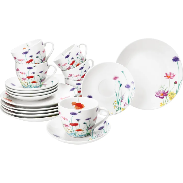 18tlg Kaffeeservice Marie Porzellan 6 Personen Tassen Untertassen Teller Blumen