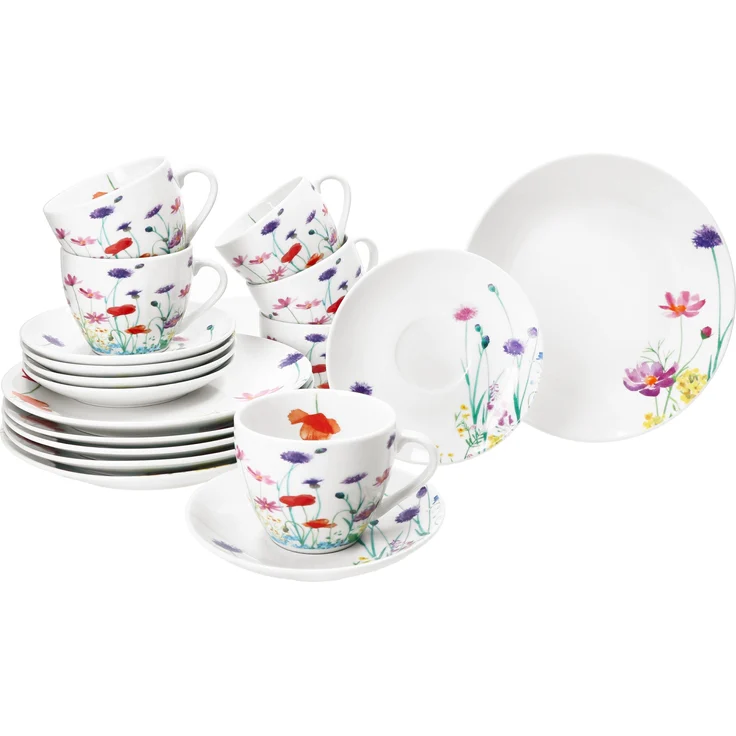 18tlg Kaffeeservice Marie Porzellan 6 Personen Tassen Untertassen Teller Blumen – Bild 1