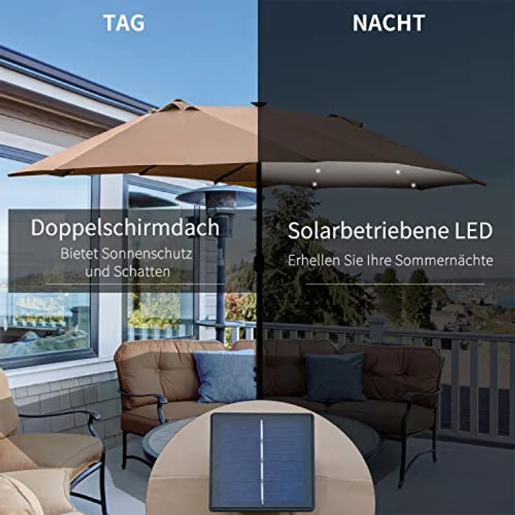 Outsunny Doppelseitiger Sonnenschirm, Braun, Metall, 440x260 cm, mit 36 LED-Leuchten, Sonnen- & Sichtschutz – Bild 3