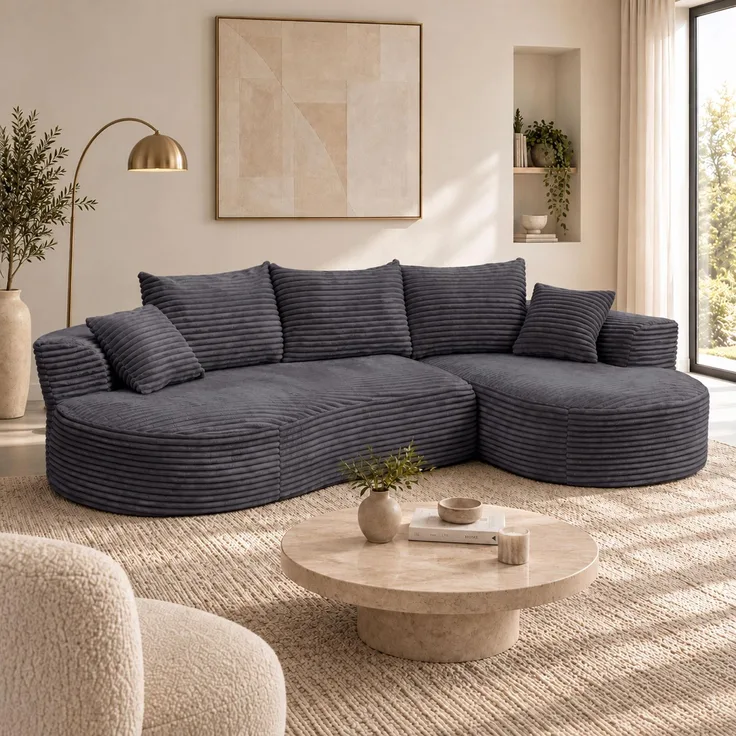 Sofa-Garnitur HWC-P19, 3-Sitzer Couch Loungesofa, Stoff/Textil Cord (370 g/m²) Liegefläche rechts ~ dunkelgrau
