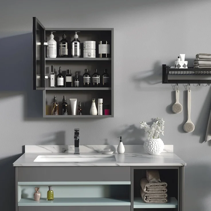 Kleankin Spiegelschrank Badezimmerschrank mit Spiegeltür 2 Innenböden und 1 offenem Regal (Badschrank, 1-St, Hängeschrank) Edelstahl, Glas, Schwarz, 46 x 13,5 x 58 cm – Bild 3