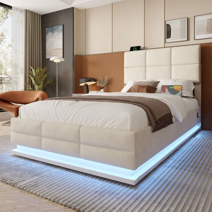 TavilaEcon Boxspringbett Modernes Polsterbett mit höhenverstellbarem Kopfteil & LED-Beleuchtung beige Liegefläche 90 × 200 cm – Bild 5