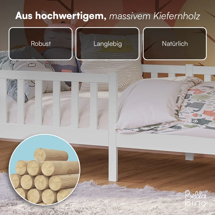 Bellabino 'Vere' Kinderbett 90x200 cm, weiß, Massivholz Kiefer, Jugendbett mit Rausfallschutz und Lattenrost – Bild 6