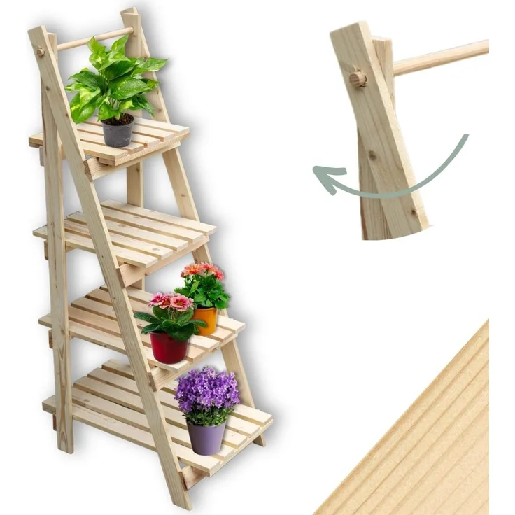 holz4home® Pflanzentreppe Pflanzleiter mit 4 Ablagen I Blumentreppe aus Tannenholz, Klappbar – Bild 1