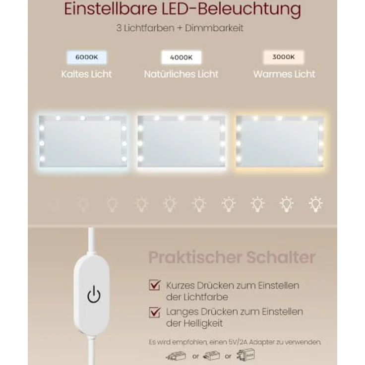 VASAGLE Schminktisch mit Beleuchtung und Hocker Set, Weiß | Moderner Kosmetiktisch mit Spiegel und LED, 2 Schubladen, Organizer für Schlafzimmer, KAILYN Kollektion – Bild 4
