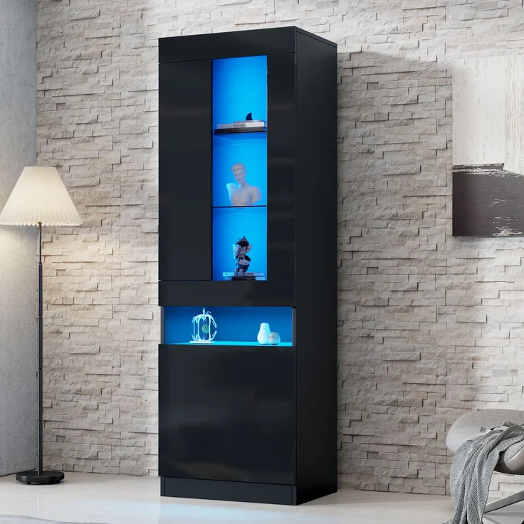 Vitrine mit LED Beleuchtung Vitrinenschrank Standvitrine Stauraumvitrine Schrank Wohnzimmerschran Schwarz LED Vitrine Wohnzimmer Wohnwände LED Vitrinenschränke LED Schränke Buffet-Schran--Schwarz--50x40x180cm--YOUDENOVA – Bild 3