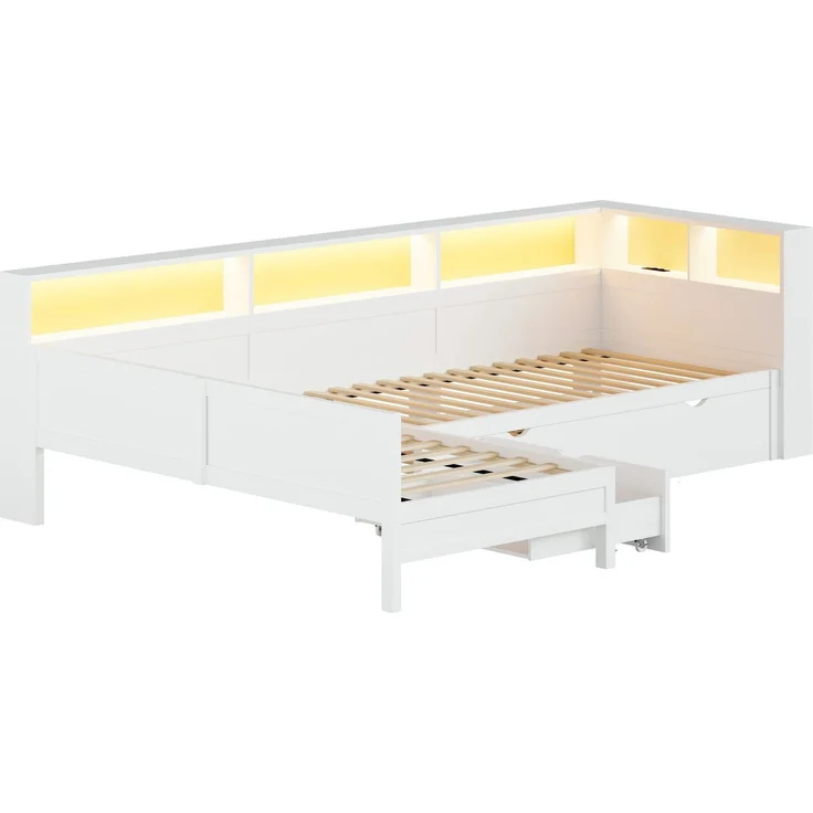 Bett mit LED-Streifen, 3 Schlafgelegenheiten, Regal, Schubladen und Gästebett, 90x200 cm, Holzbett, Jugendbett mit 2 Lattenrosten, L-Form – Bild 6