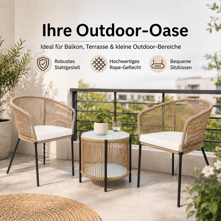 Balkonset Gartenset Bistro Set Gartenmöbel Set Outdoor Rope Sitzgruppe Beige – Bild 3