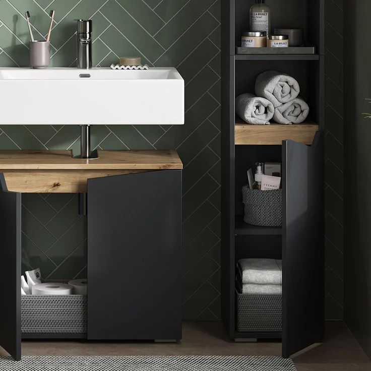 Badschrank Marelle Anthrazit/Artisan 30 x 180 cm mit Türen, und offenen Fächern Vicco – Bild 5
