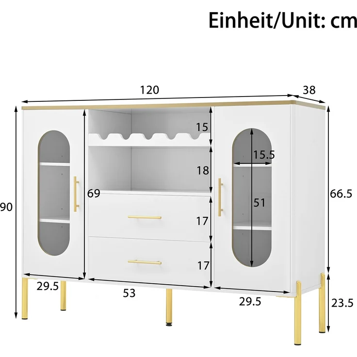 Merax Weißes Sideboard, Glasfronten & Weinregal – Sideboard für Esszimmer & Wohnzimmer – Verstellbarer Fuß – Viel Stauraum – Bild 4