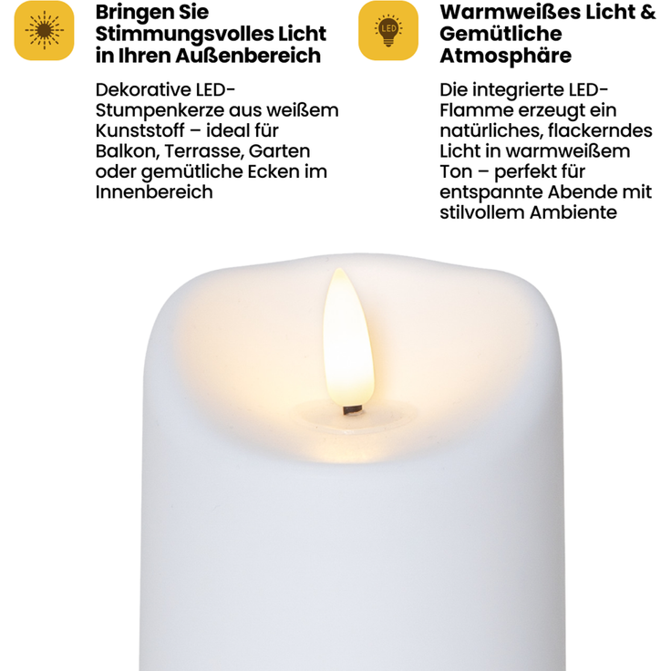 Star LED Stumpenkerze Flamme - Mit timer & Flackerlicht - Für Innen- & Außenbereich - Warmweißes Licht - 13 cm Hoch, IP44 - Weißer Kunststoff – Bild 2