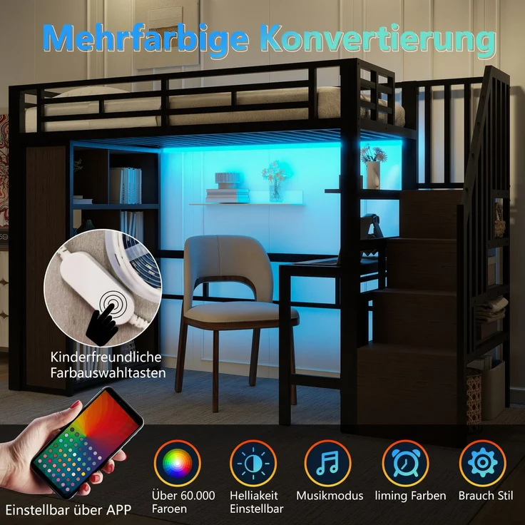 EINHOM Hochbett, 90 x 200 cm, Eisenrahmen, mit Schreibtisch, Ablagefach, LED-Lichtleiste, Treppenkonstruktionen mit Stauraum, Schwarz (Ohne Matratze) – Bild 4
