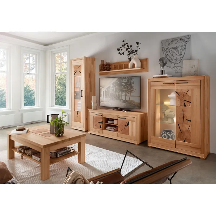 Wohnzimmer-Set >WZ-0315< (BxHxT: 316,6x201x46 cm) in natur geölt aus Kernbuche