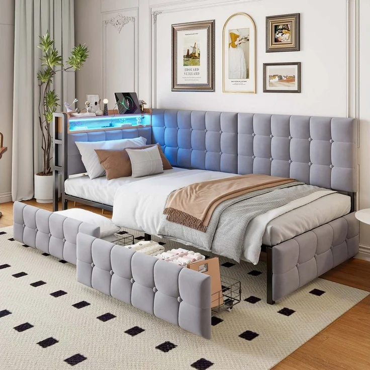 Odikalo Schlafsofa Daybett Stauraumbett Polsterbett USB Schubladen 90x200cm Grau/Beige – Bild 5