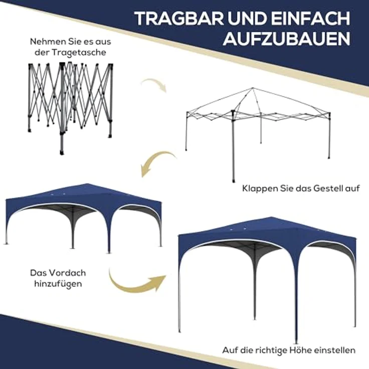 Outsunny Faltpavillon 2,95 x 2,95 m mit UV-Schutz, höhenverstellbar, Tragetasche und Sandsack, Blau – Bild 3