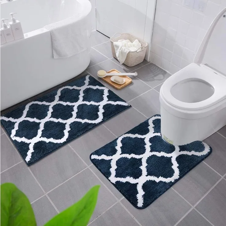 Homaxy rutschfest Badematten Set 2 teilig Weich Hochflor Bad WC Badezimmerteppich Set Mikrofaser Badvorleger Set 2teilig –Marine Blau