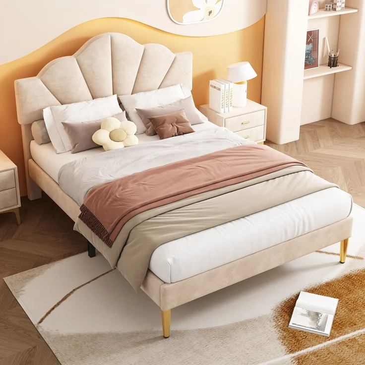 Polsterbett 140×190 cm mit höhenverstellbarem Kopfteil, Samtbezug, Beige, ohne Matratze – Bild 2