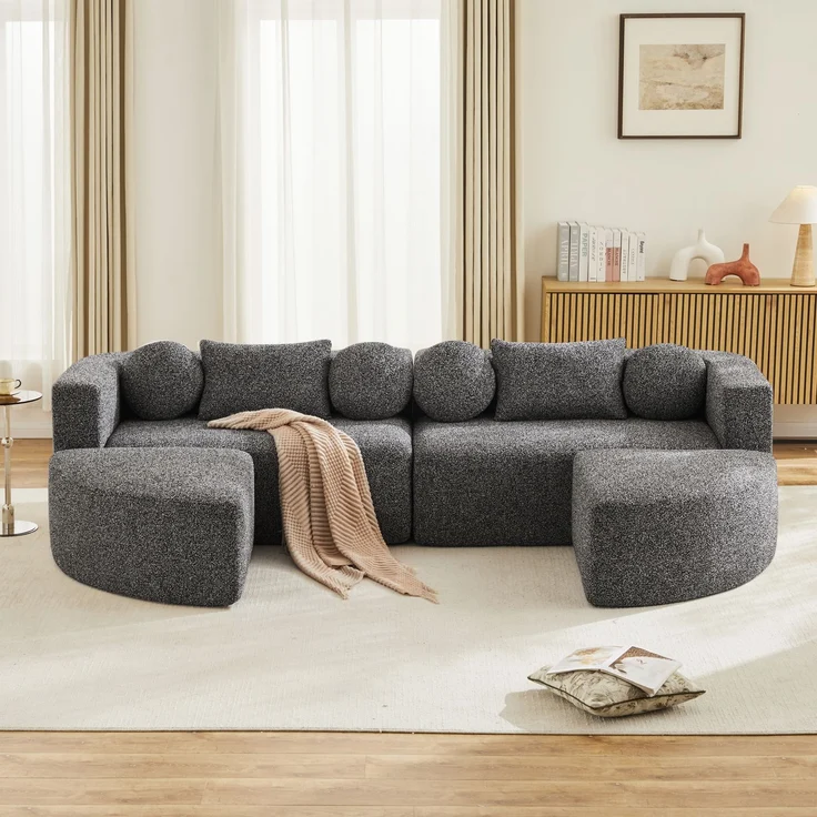 Merax 4-Sitzer Sofas, 292cm Modulare Sofa, Modulare Schlafcouch mit Schlaffunktion, Vollkomprimierte Cloud Couch, Chenille, Ohne Montage, Schwarz – Bild 6