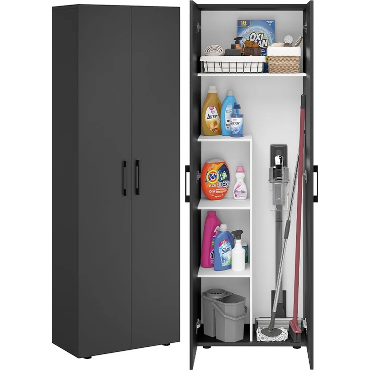 Bellamio 'Apol' Mehrzweckschrank, schwarz, 176x33x60 cm, Besenschrank mit Staubsaugerfach und 4 weiteren Fächern – Bild 1