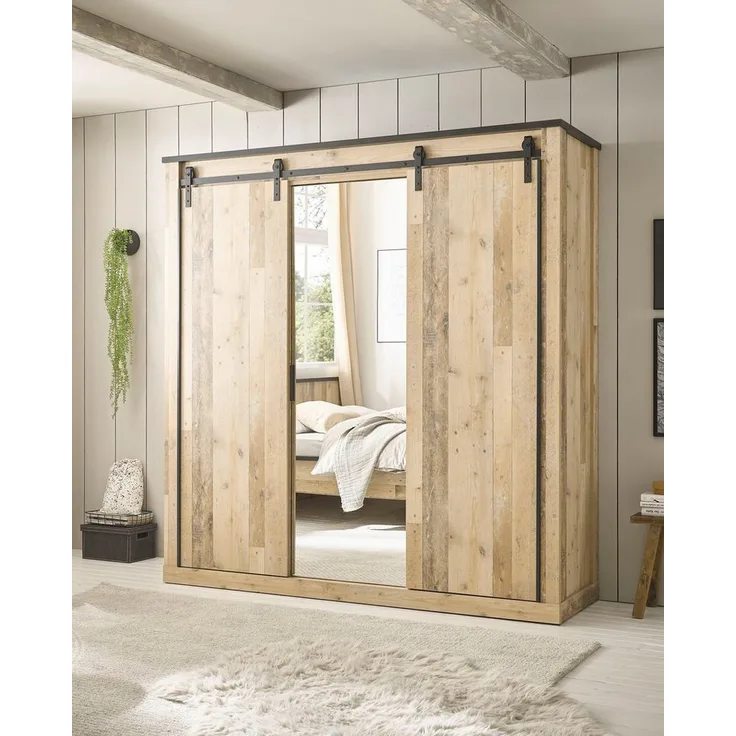 Home affaire Kleiderschrank SHERWOOD Schlafzimmerschrank mit Spiegel Wäscheschrank Schiebetüren mit Scheunentorbeschlag aus Metall, B/T/H 201/63/209cm